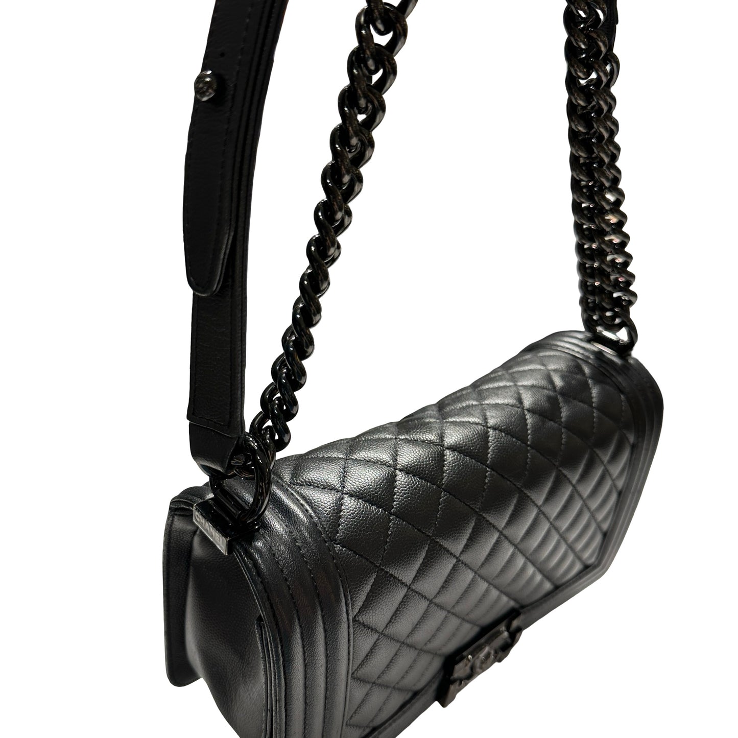 Used CHANEL Quilted Caviar Boy Chain Shoulder Bag Black
