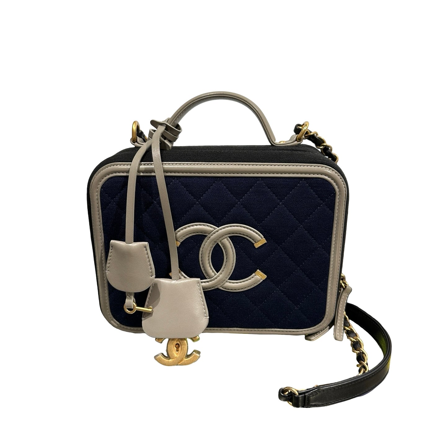 Used Chanel Canvas Calfskin Leather Vanity Case Vanity case Black Gray GHW
