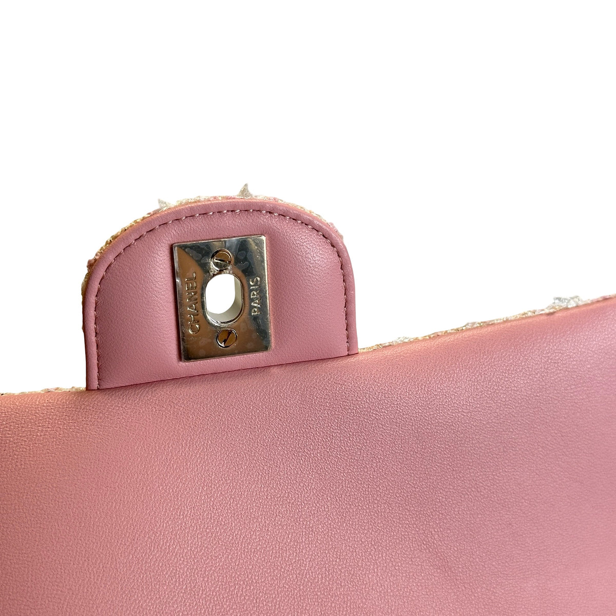 Used CHANEL Tweed Quilted Mini Flap Bag with Top Handle Handbag Pink White