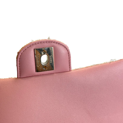 Used CHANEL Tweed Quilted Mini Flap Bag with Top Handle Handbag Pink White