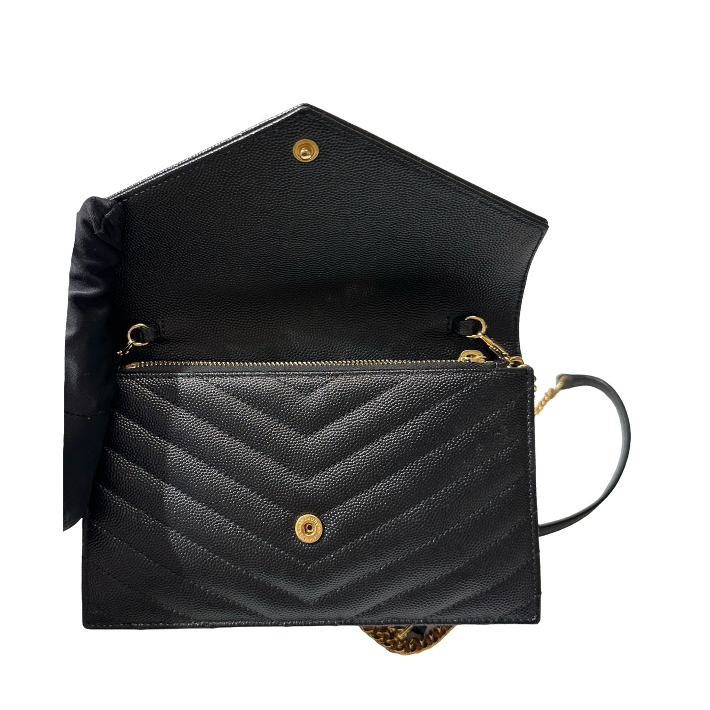 Used SAINT LAURENT Calfskin Leather ENVELOPE WOC Cross Body Bag Black GHW