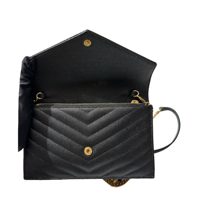 Used SAINT LAURENT Calfskin Leather ENVELOPE WOC Cross Body Bag Black GHW