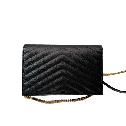 Used SAINT LAURENT Calfskin Leather ENVELOPE WOC Cross Body Bag Black GHW