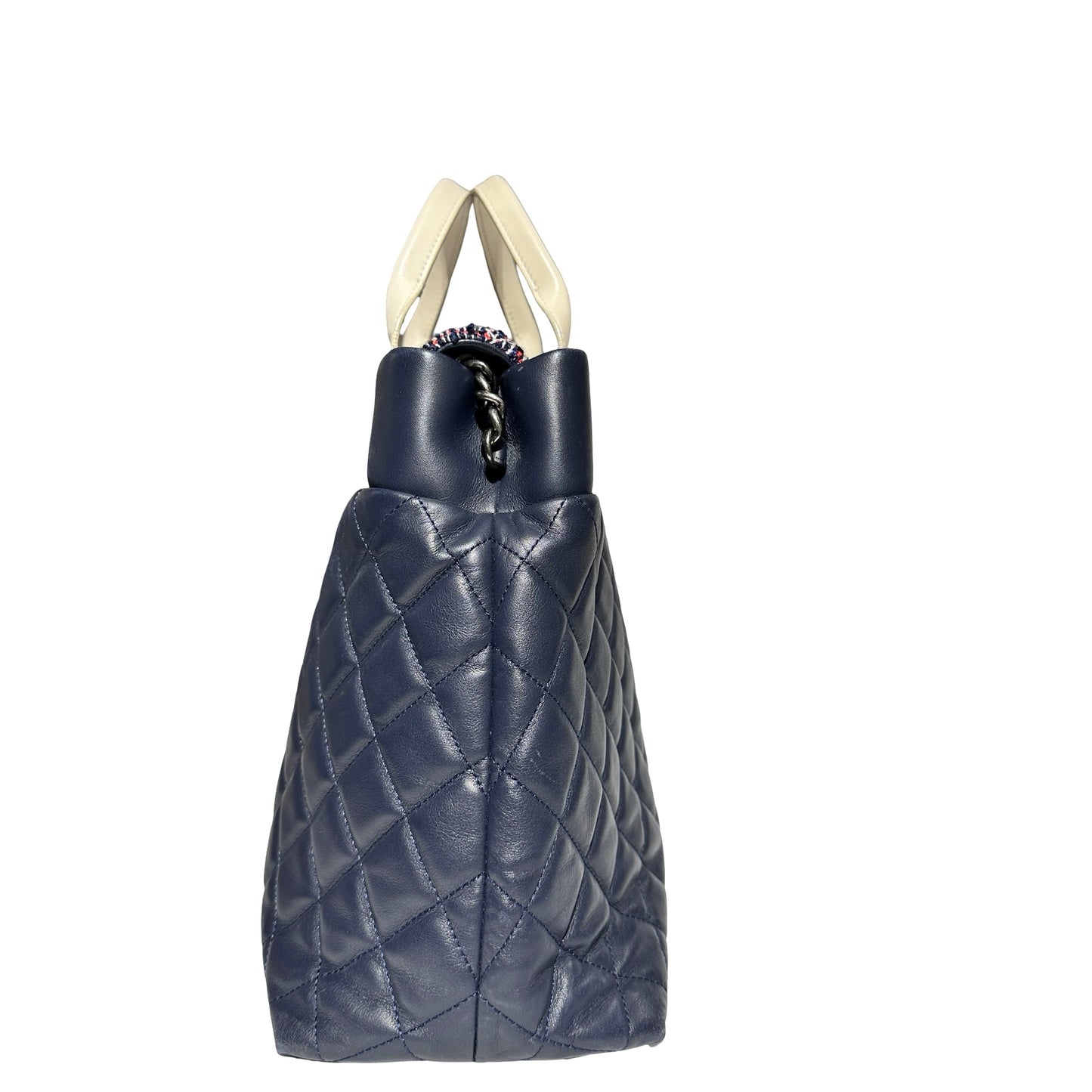 Used CHANEL Lambskin Leather Tweed Airlines Portobello Two Way Shoulder Bag Blue White PHW