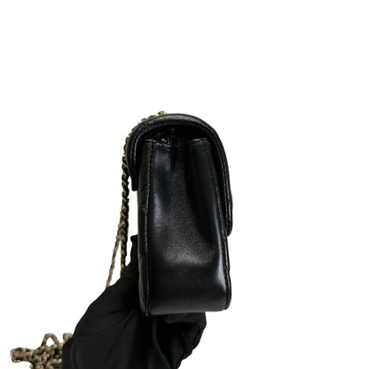 Used CHANEL Quilted Lambskin Mini Rectangular Flap Bag Chain Shoulder Bag Black Gold