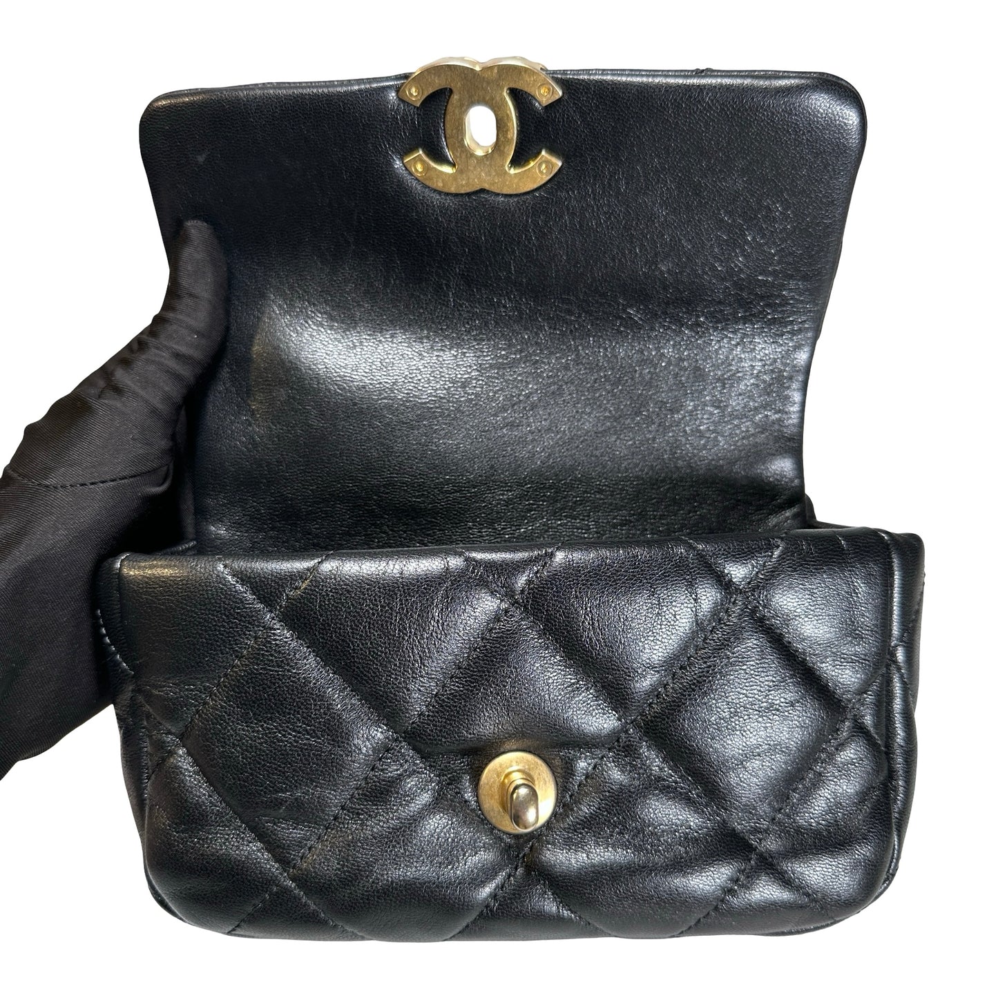 Used CHANEL Lambskin Quilted Chanel 19 Belt bag Black GHW