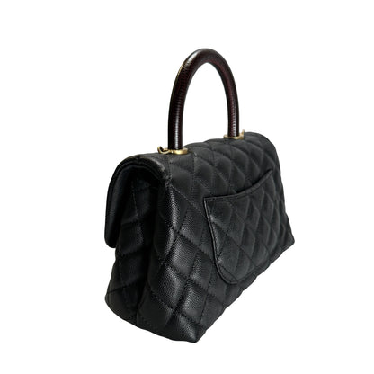 Used CHANEL Quilted Caviar Leather Coco Handle Handbag Black Gold