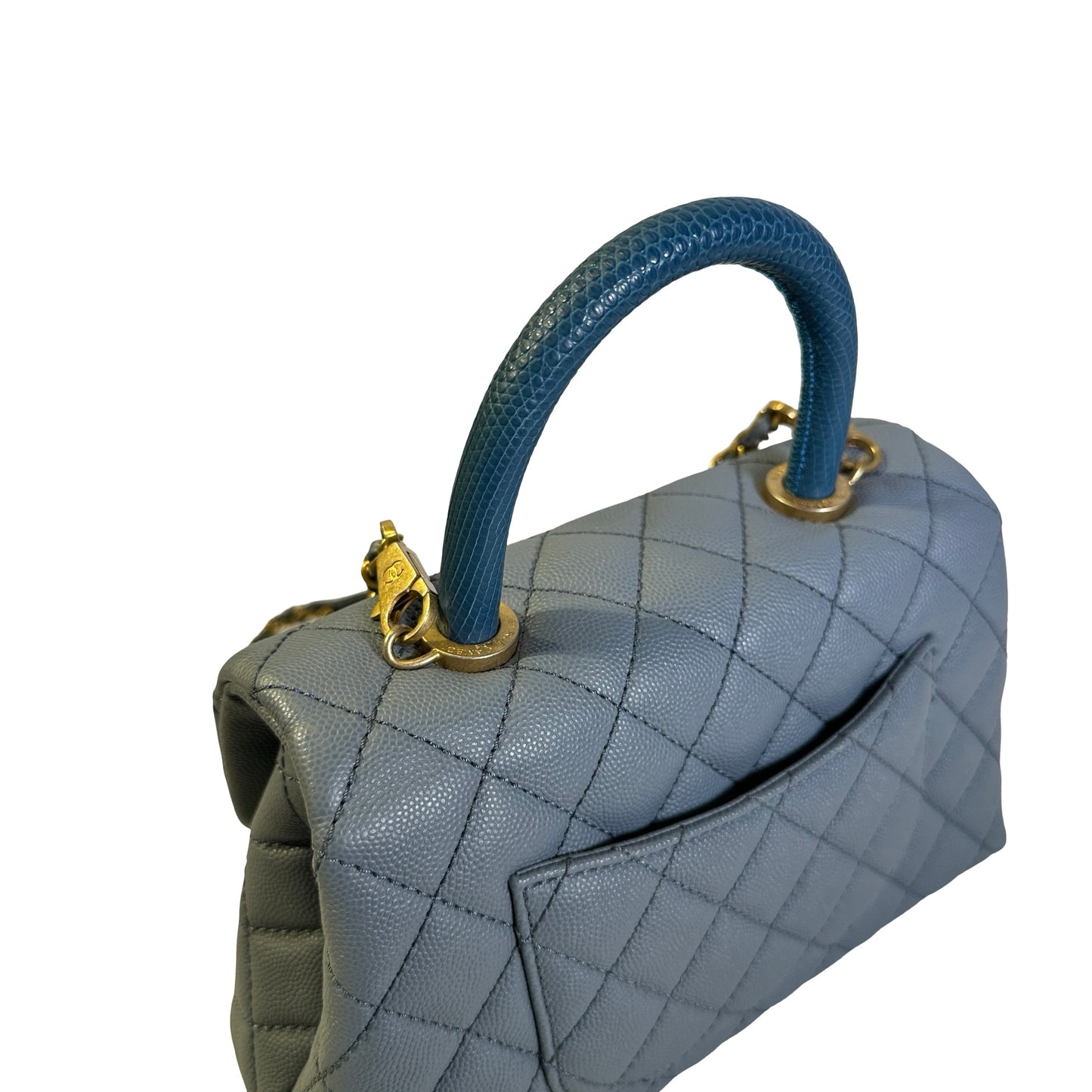 Used CHANEL Quilted Caviar Lizard Coco Handle Handbag Blue