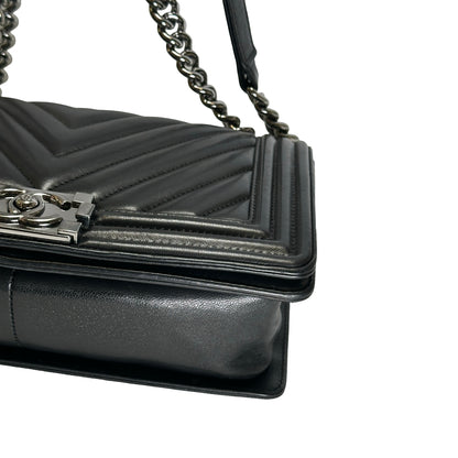 Used CHANEL Chevron Leather Boy Chanel Shoulder Bag Black Silver