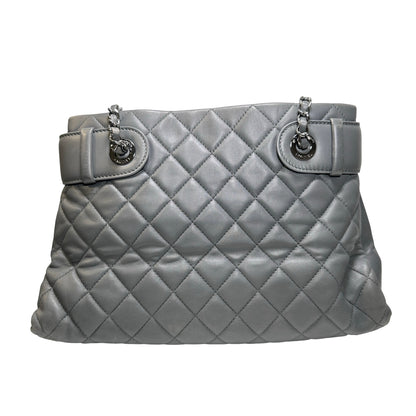 Used CHANEL Lambskin Leather Grey Tote Bag Grey PHW
