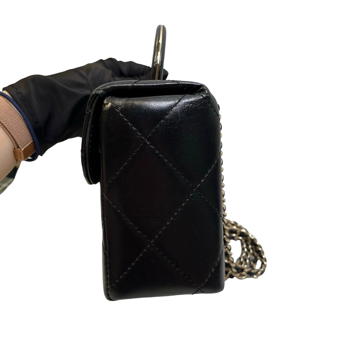 Used CHANEL Quilted Lambskin Mini flap bag with top handle Mini Bag Black Gold tone hardware