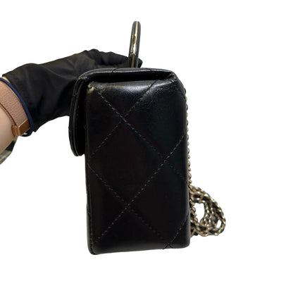 Used CHANEL Quilted Lambskin Mini flap bag with top handle Mini Bag Black Gold tone hardware