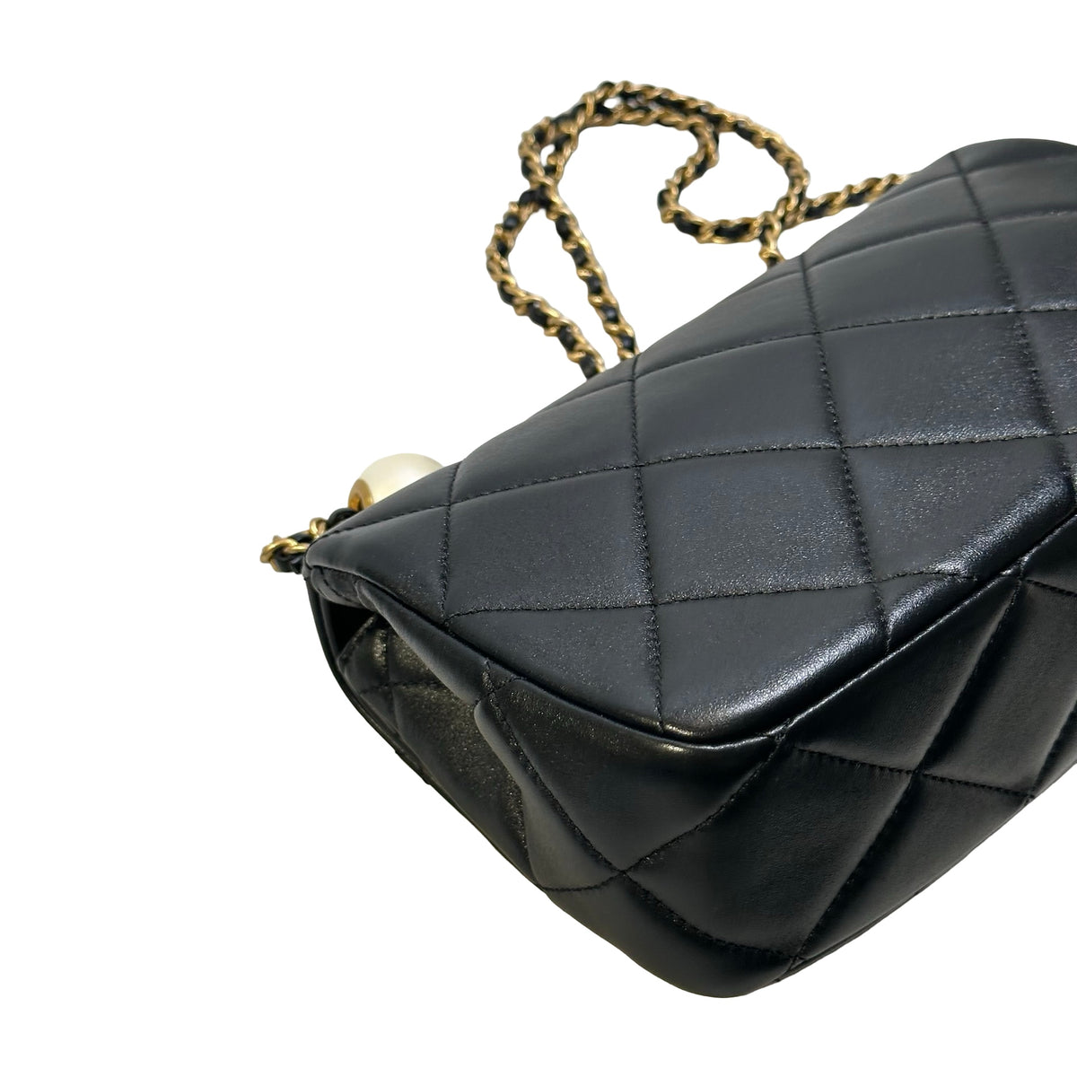 Used CHANEL Quilted Lambskin Mini Flap Bag with Pearl Crush Chain Shoulder Bag Black Gold hardware