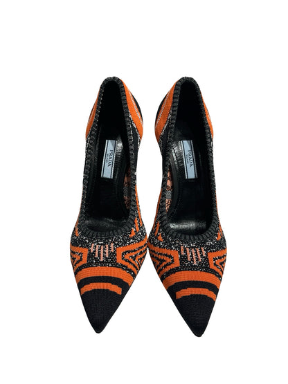 Used PRADA Fabric High Heels Shoes Black Orange