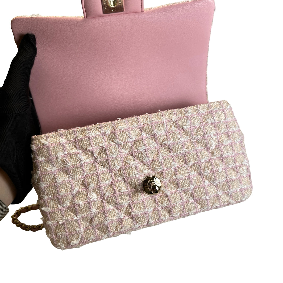 Used CHANEL Tweed Quilted Mini Flap Bag with Top Handle Handbag Pink White