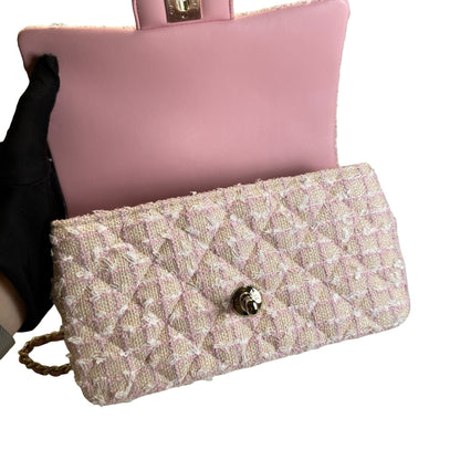 Used CHANEL Tweed Quilted Mini Flap Bag with Top Handle Handbag Pink White
