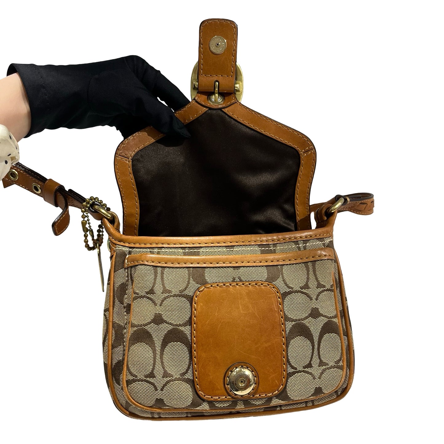 Used COACH Signature Canvas Leather Signature Canvas Flap Bag Crossbody Bag Brown Beige