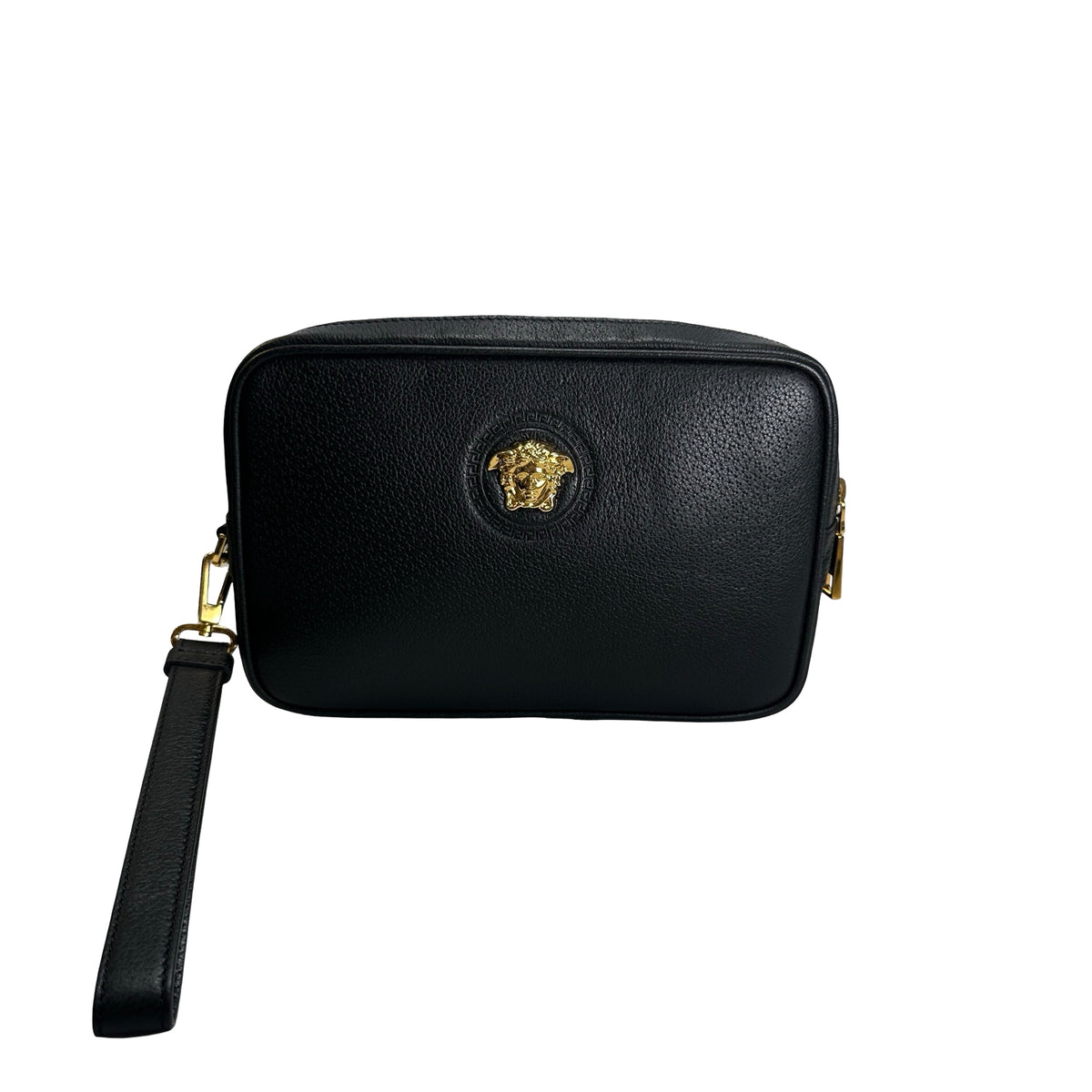 VERSACE Pebbled Leather Medusa Camera Bag Camera Bag Black Gold