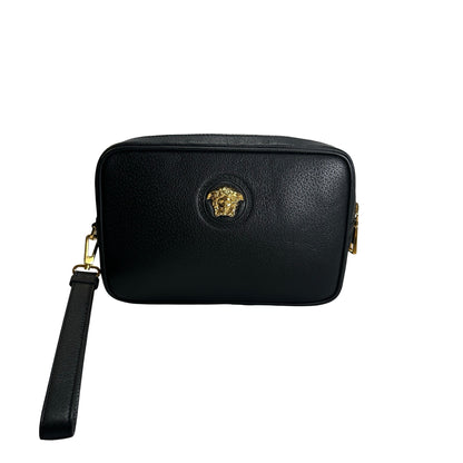 VERSACE Pebbled Leather Medusa Camera Bag Camera Bag Black Gold