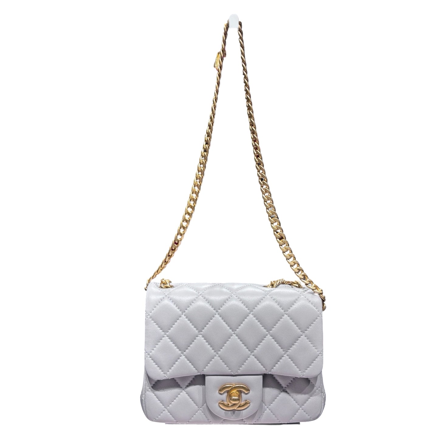 Used CHANEL Lambskin Leather Classic Flap Mini Chain Shoulder Bag Grey GHW