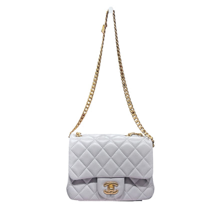 Used CHANEL Lambskin Leather Classic Flap Mini Chain Shoulder Bag Grey GHW