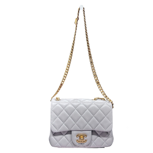 Used CHANEL Lambskin Leather Classic Flap Mini Chain Shoulder Bag Grey GHW
