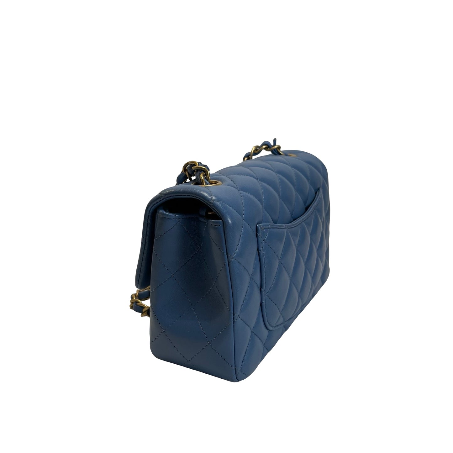 Used CHANEL Quilted Lambskin Classic Flap Handbag Blue Gold hardware
