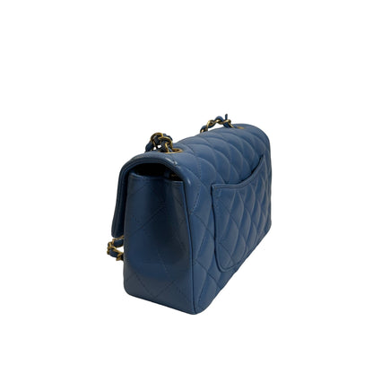 Used CHANEL Quilted Lambskin Classic Flap Handbag Blue Gold hardware