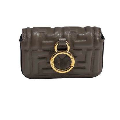 Used FENDI FF Leather Baguette Mini Bag Grey Gold