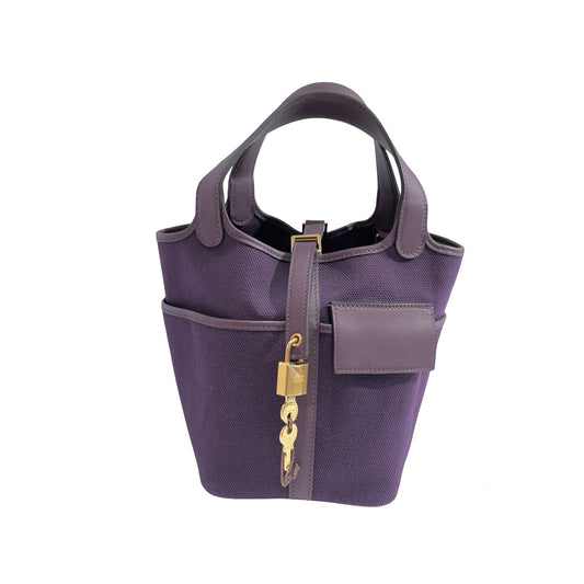 Used HERMES Canvas Leather Cargo Picotin 18 Bucket Bag Purple GHW