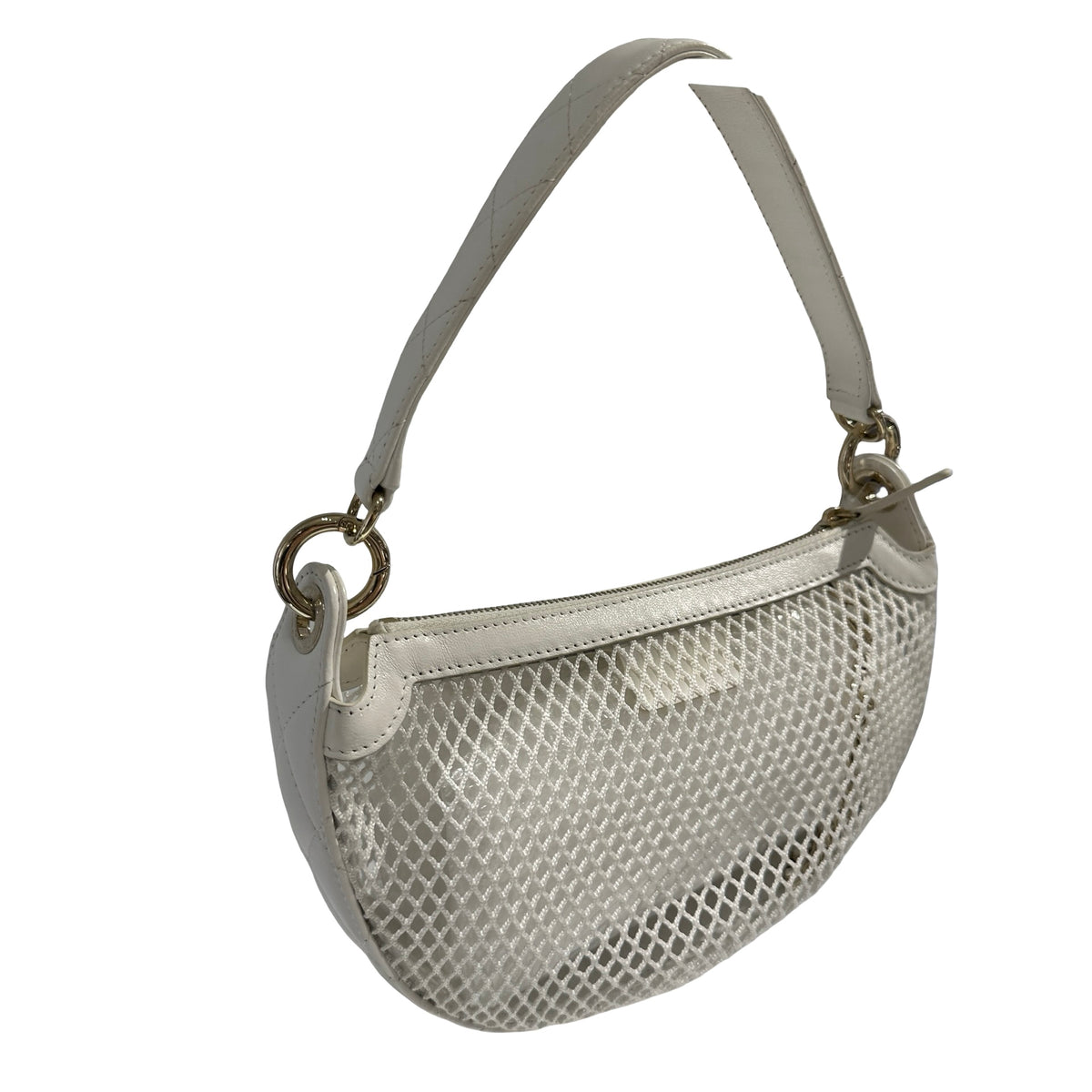 Used CHANEL Mesh Leather 25S Half Moon Clutch Hobo Bag White GHW