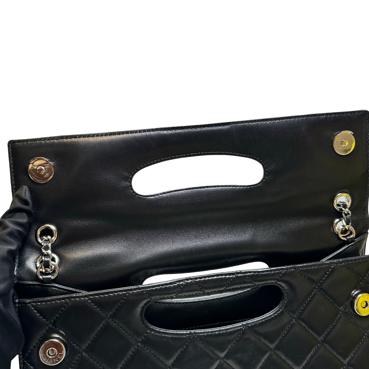 Used CHANEL Quilted Leather Quilted Top Handle Flap Bag Handbag Black Silver