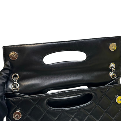 Used CHANEL Quilted Leather Quilted Top Handle Flap Bag Handbag Black Silver