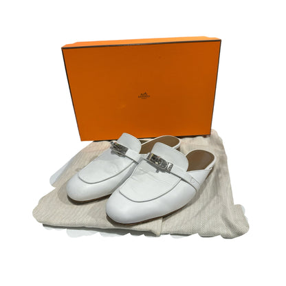 Used HERMES Leather Oz Mule Shoes White