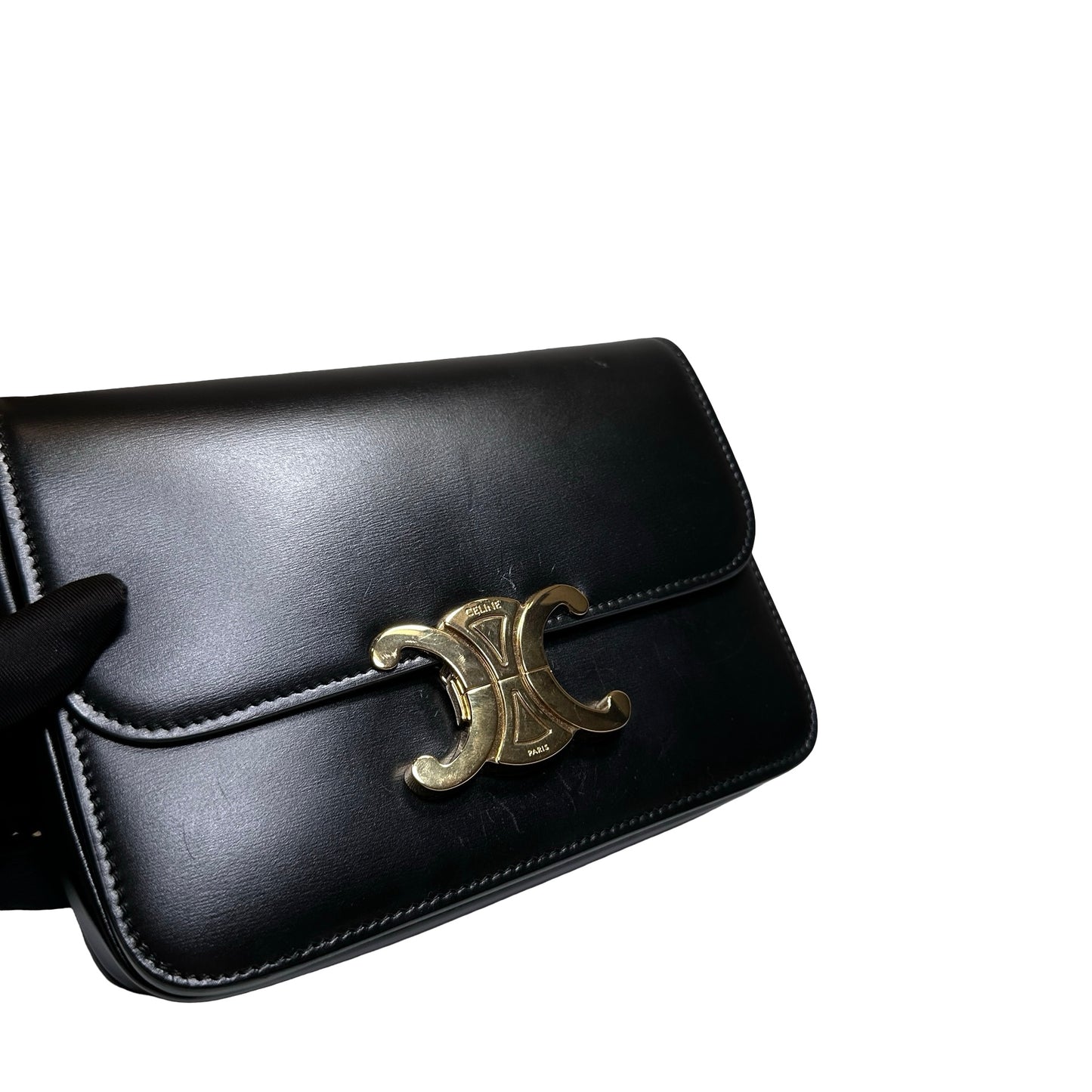Used CÉLINE Calfskin Leather TEEN TRIOMPHE Cross Body Bag Black GHW