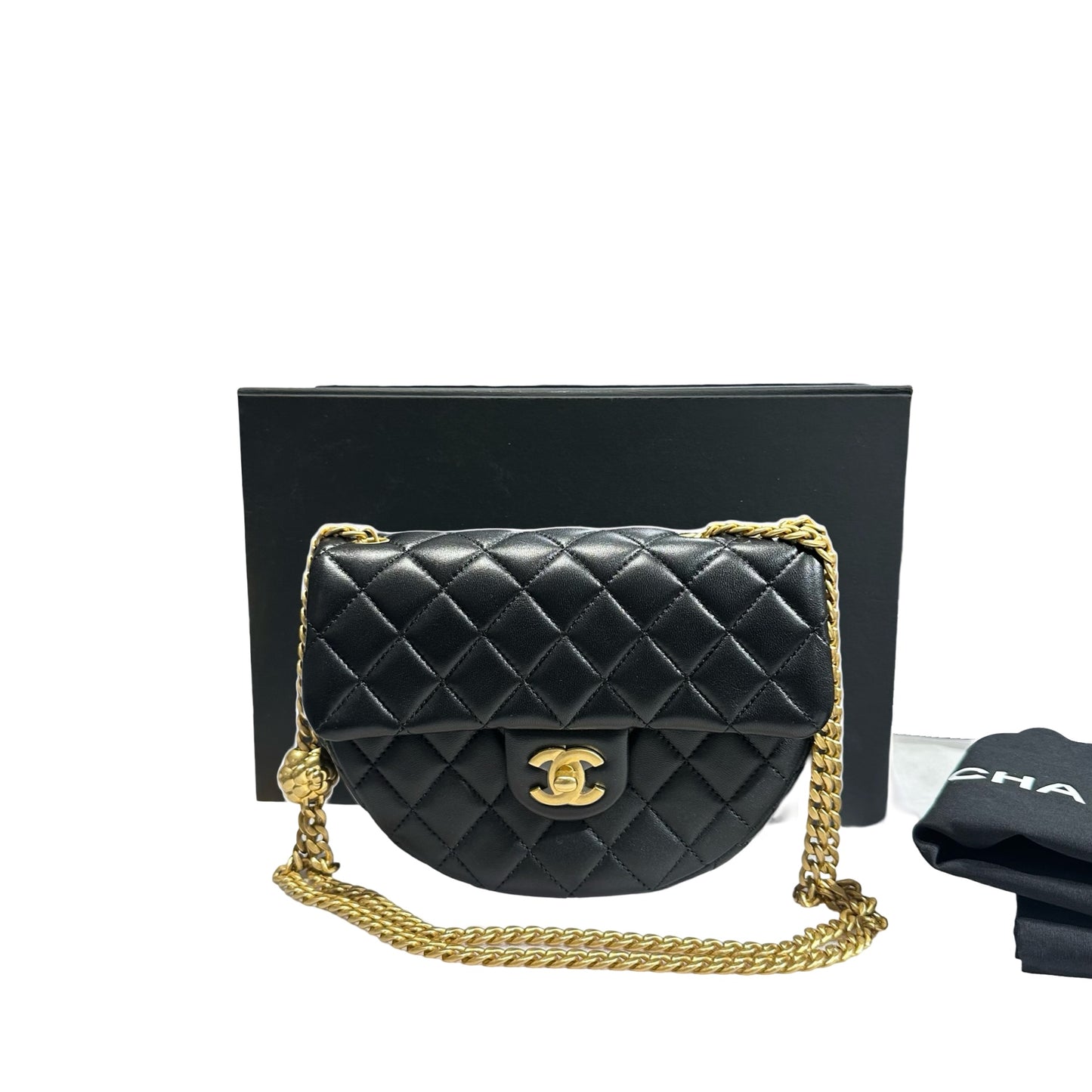 New CHANEL Lambskin Leather New CHANEL Lambskin Leather Hobo with Camellia Chain Shoulder Chain Shoulder Bag Black GHW