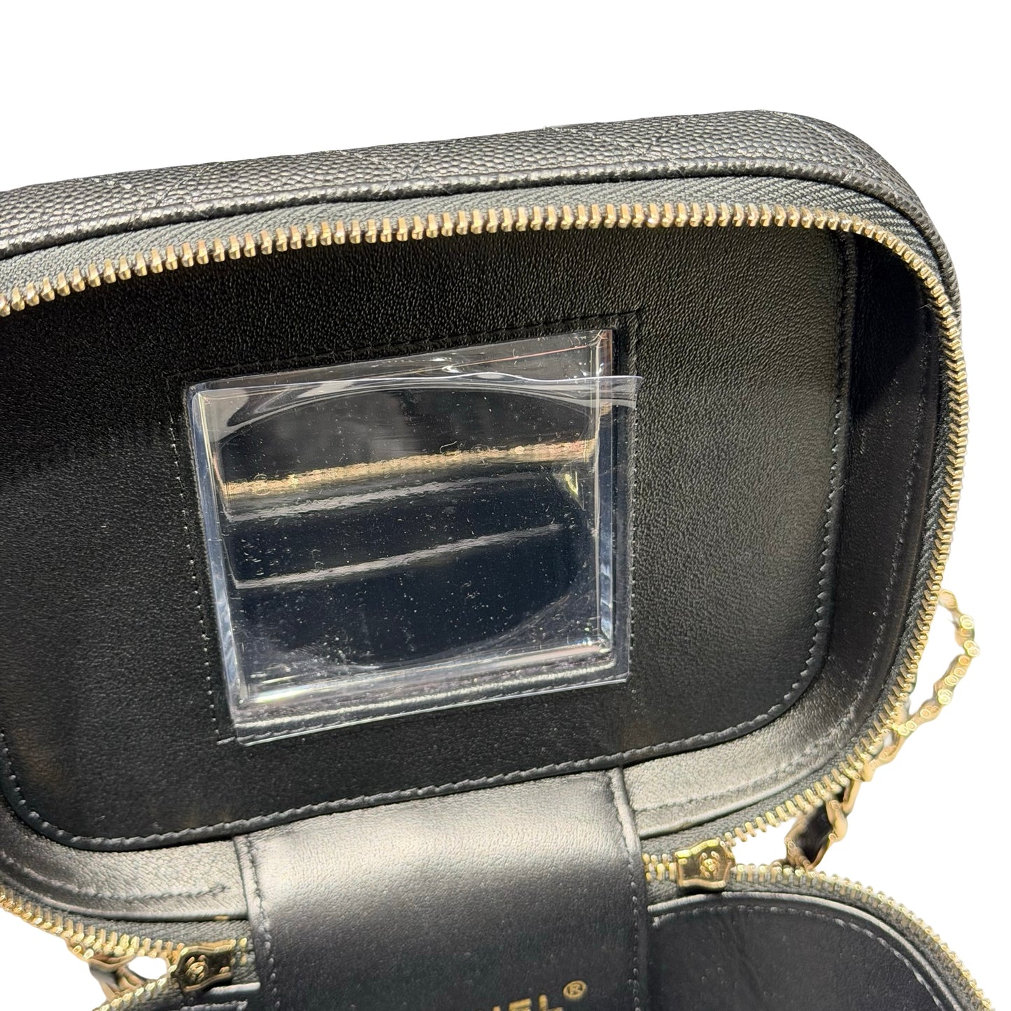 Unused Chanel Calfskin Leather Vanity Case Cross Body Bag Black GHW