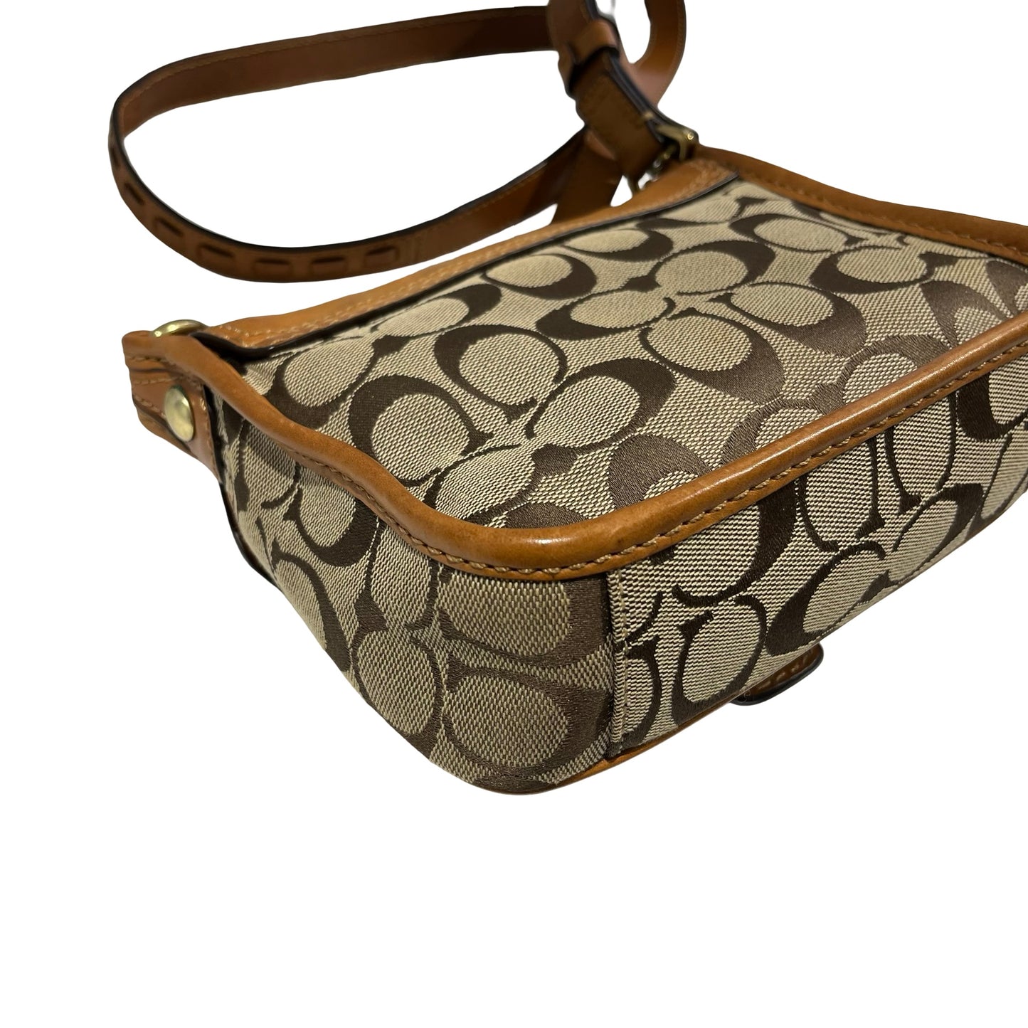 Used COACH Signature Canvas Leather Signature Canvas Flap Bag Crossbody Bag Brown Beige