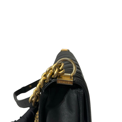 Used Chanel Lambskin Leather Boy 25 Shoulder Bag Black GHW