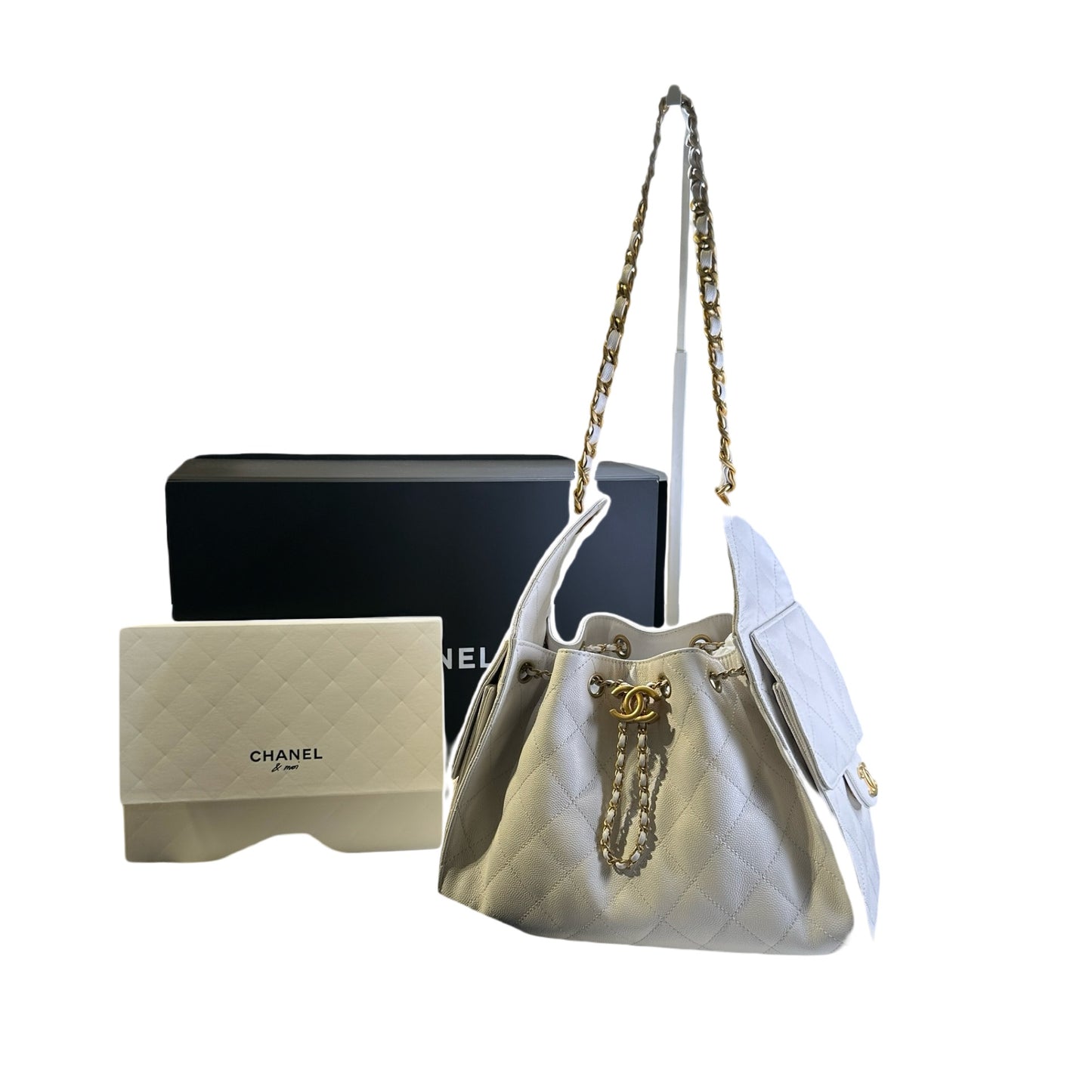 Used CHANEL Caviar Quilted 25 Small Handbag White Gold