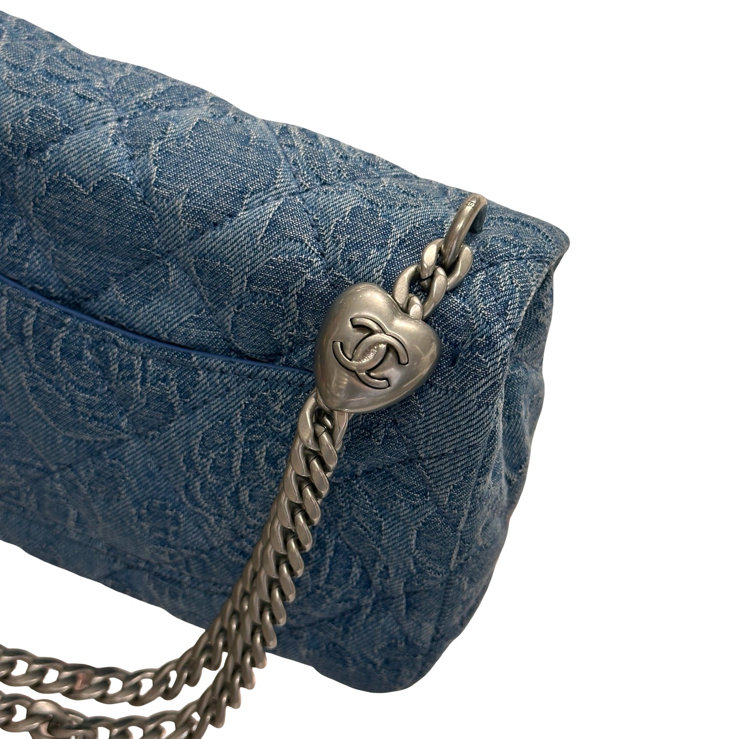Used CHANEL Denim 23P CAMELIA HEART CRUSH FLAP Cross Body Bag Denim Blue