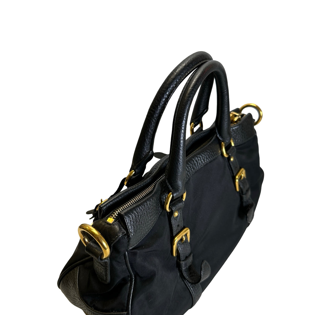 Used PRADA Nylon Leather Tessuto Vitello Daino Satchel Handbag Black Gold