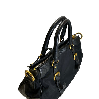 Used PRADA Nylon Leather Tessuto Vitello Daino Satchel Handbag Black Gold