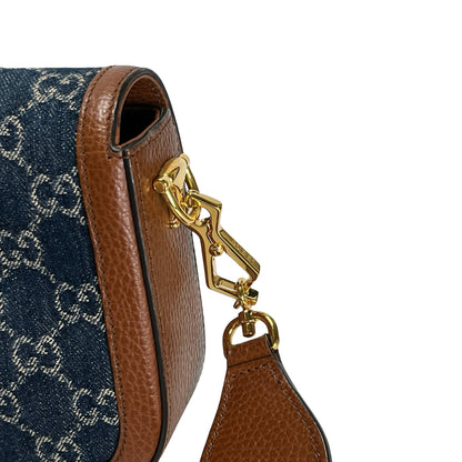 Used GUCCI GG Canvas Leather Trim Horsebit 1955 Mini Bag Shoulder Bag Blue Brown