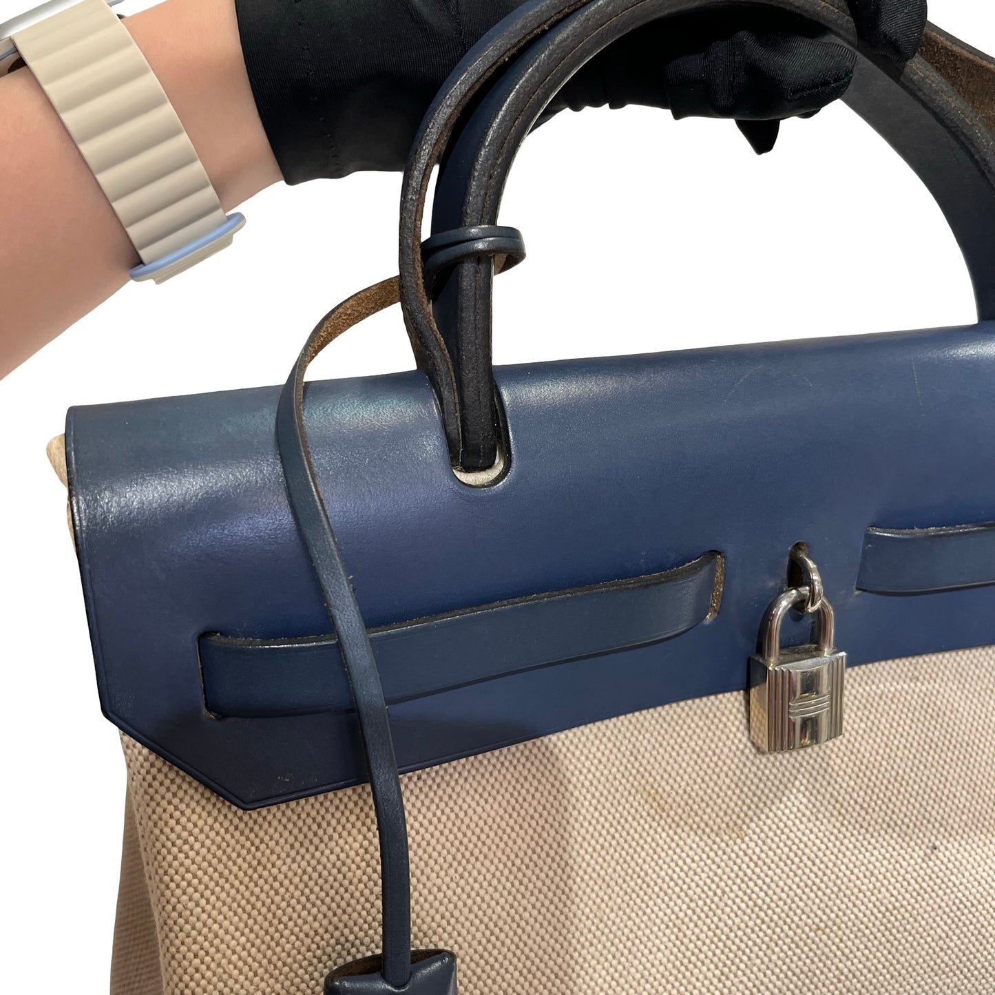 Used HERMES Canvas Leather Herbag Handbag Beige Blue