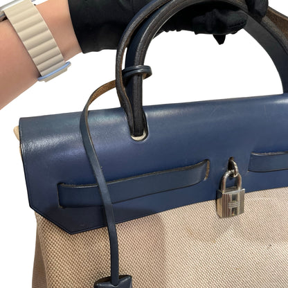 Used HERMES Canvas Leather Herbag Handbag Beige Blue