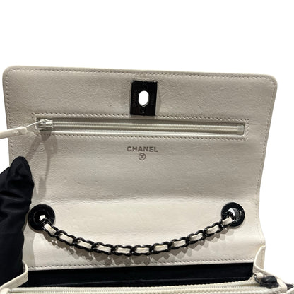 Used CHANEL Lambskin Leather WOC Shoulder Bag White Black Hardware