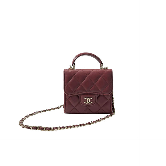 Used CHANEL Lambskin Leather Mini Handle Mini Bag GHW Red
