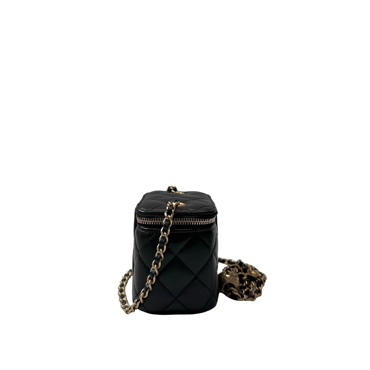 Used CHANEL Lambskin Leather Vanity Case with Gold Ball Cross Body Bag Black GHW