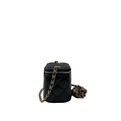 Used CHANEL Lambskin Leather Vanity Case with Gold Ball Cross Body Bag Black GHW